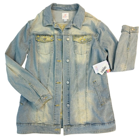 LuLaRoe Jackets & Blazers - LuLaRoe Jaxon Denim Jacket‎ XL Light Wash Yellow Embroidered Boho Trucker Jean